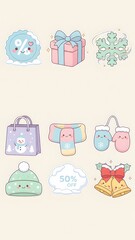 Soft Pastel Kawaii Winter Holiday Sale and Discount Icon Set: Sweet Cartoon Christmas Shopping and Festive Accessories