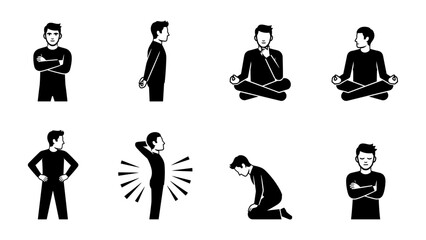Black silhouette of man in various poses and emotional expressions on white background