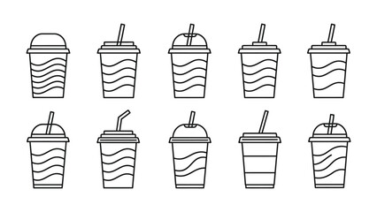 Ten black and white line icons of cold drink cups with straws