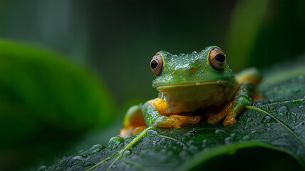 Fototapeta premium 緑のカエルが葉の上で休む場面