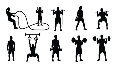 Obraz premium Silhouettes of People Performing Crossfit Exercises with Ropes and Weights on White Background fitness