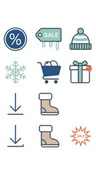 Minimalist Winter Holiday Sale Icons Set: Clean Outline Designs for Discounts, Shopping, and Festive Seasonal Elements