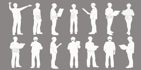 Silhouette group of construction workers in various poses and actions