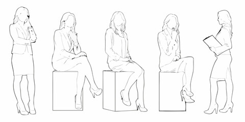 Line art depiction of five women in business attire posing in various positions