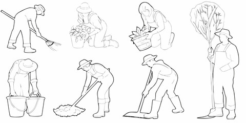 Line art illustrations depicting various farmers working in the fields and gardens