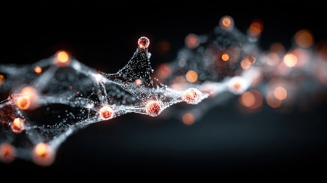 Luminescent data exchange under an abstract macroscopic concept: luminescent organic fibers and crystal nodes interconnected on a dark background, with out-of-focus light spots.