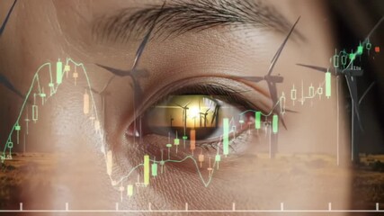 Eye with wind turbines  financial charts suitable for energy or finance topics, symbolizing sustainability and economic growth. - Powered by Adobe