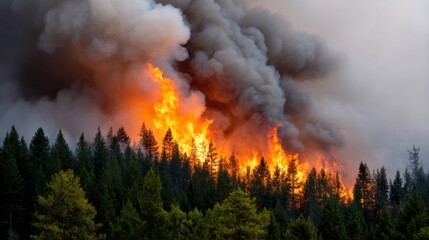 Massive wildfire spreading through dry forest with heavy smoke clouds and orange flames. 