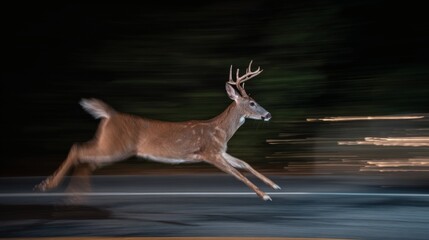 Majestic Deer in Motion Captured at Night with Blurred Background