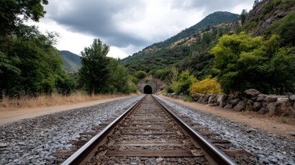 Railroad track disappearing into a dark tunnel through mountain landscape. 