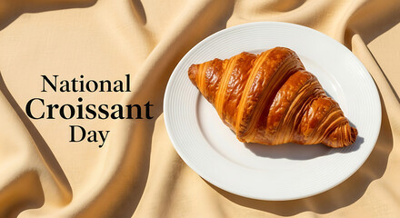 National croissant day greeting with pastry on white plate on beige fabric