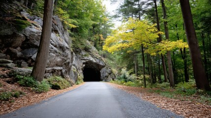 Scenic forest road leading through a natural rock tunnel, surrounded by autumn trees.