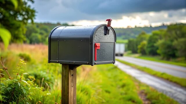 Black mailbox on post roadside with green grass and foliage and blurred truck