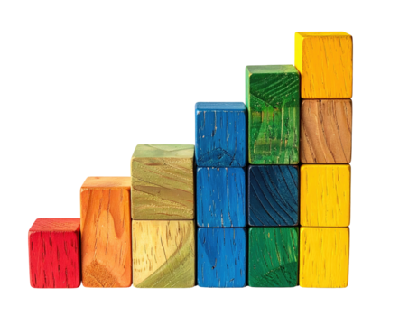 Colorful wooden blocks stacked in an ascending bar graph shape - Powered by Adobe