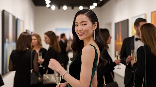 Elegant woman in a green dress with champagne at a sophisticated art gallery event