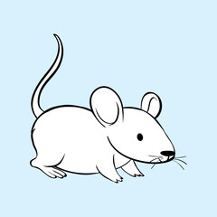 Simple black and white cartoon drawing of a cute little mouse with a long tail on light blue background