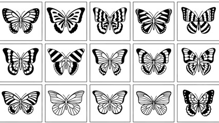 Collection of diverse butterfly illustrations in black and white