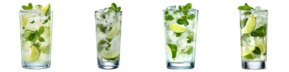 Set of mojito cocktails with mint lime and crushed ice, isolated on transparent background