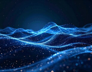Glowing blue digital abstract wavy landscape with particles