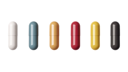 Colorful medicine capsules lined up on white
