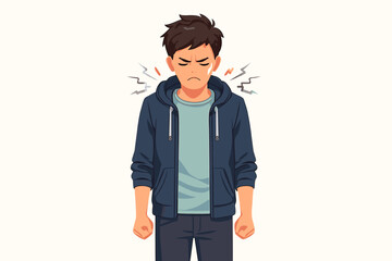 Frustrated teen in hoodie with clenched fists and anger symbols