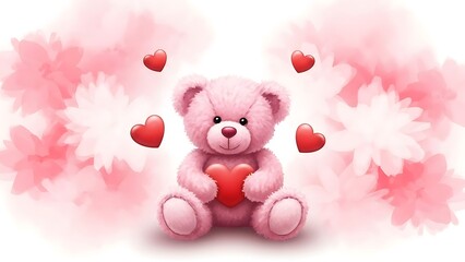 Obraz premium A pink teddy bear holding a heart with hearts and pink clouds