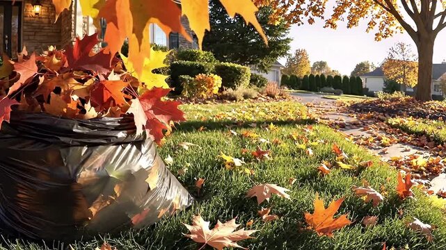 A vibrant autumn scene captures a full, dark refuse bag overflowing with brilliantly colored fall leaves, neatly collected on a lush green lawn. The surrounding suburban setting features a charming ho
