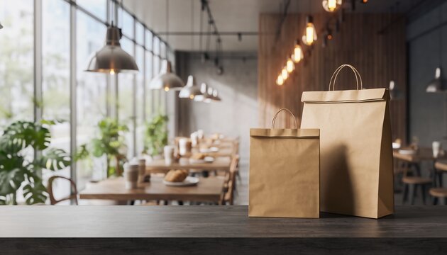 Two brown paper takeaway bags sitting on a sleek counter in a modern, stylish restaurant with blurred interior, concept for food delivery, cafe and business.