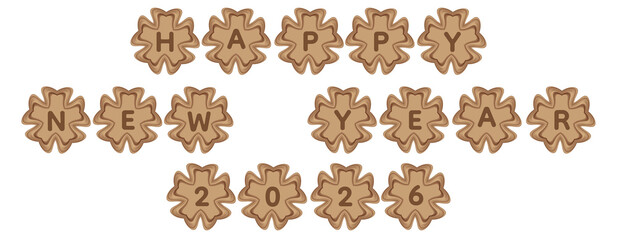 Obraz premium “Happy New Year 2026” designed in coffee brown biscuit cookie style with sweet baked letter shapes and festive warm tones. Perfect for holiday greetings, bakery promotions, café decorations, posters