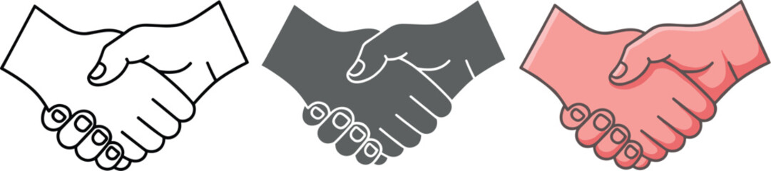 Obraz premium Illustration of a handshake in three different styles isolated on white background symbol of agreement, partnership, or business deal in line, silhouette, and color