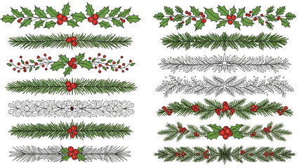 Collection of christmas holly and pine branch borders with red berries on white background for holiday decoration © M