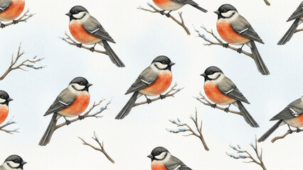 Seamless Watercolor Winter Birds Pattern with Songbirds on Branches Illustration © Ruwani
