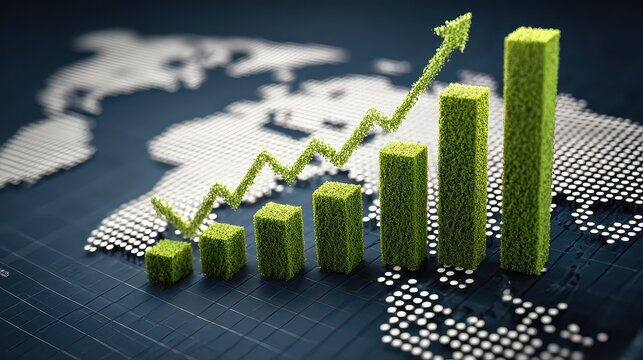 Green Bar Graph Rising Over Digital World Map with Upward Arrow Representing Growth - Powered by Adobe