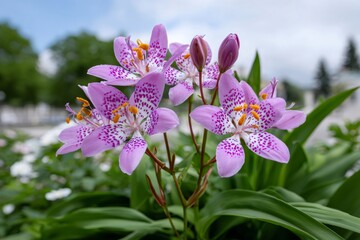 Obraz premium Purple spotted toad lily blossoms in lush green garden