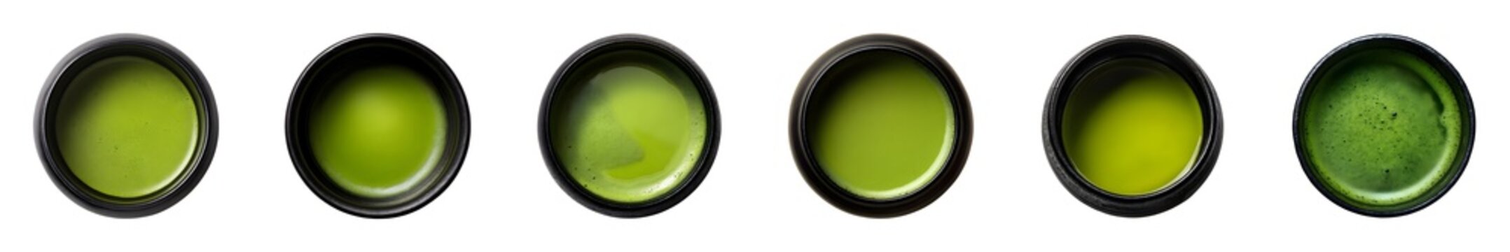 Set of matcha green tea in ceramic bowls top view, isolated on transparent background