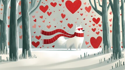 Charming white dog in romantic winter scene, Valentine Playful dog adorned with scarf beside heart design postcard