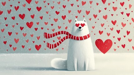 Charming white dog in romantic winter scene, Valentine Playful dog adorned with scarf beside heart design postcard