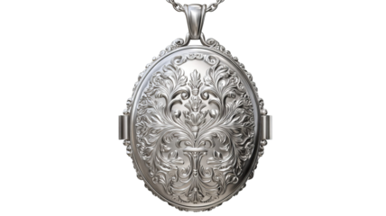 Ornate silver locket pendant with floral design isolated in high resolution PNG style and transparent background feel, vintage inspired jewelry cutout ideal for romantic branding, invitations, sticker