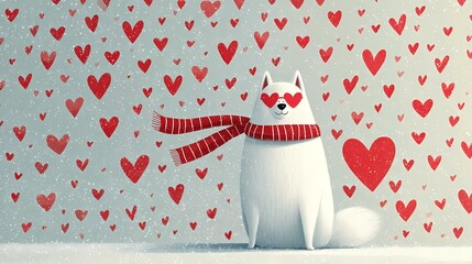 Charming white dog in romantic winter scene, Valentine Playful dog adorned with scarf beside heart design postcard