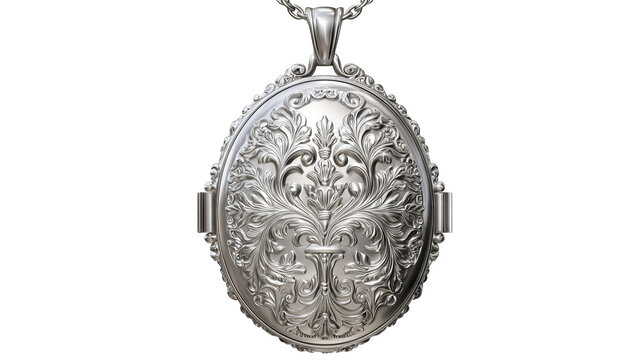 Ornate silver locket pendant with floral design isolated in high resolution PNG style and transparent background feel, vintage inspired jewelry cutout ideal for romantic branding, invitations, sticker