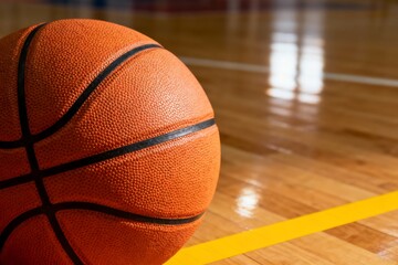 Naklejka premium Orange basketball resting on polished wooden indoor court with white line, capturing professional sports atmosphere, fitness, competition, training, recreation, dynamic energy, and basketball game.