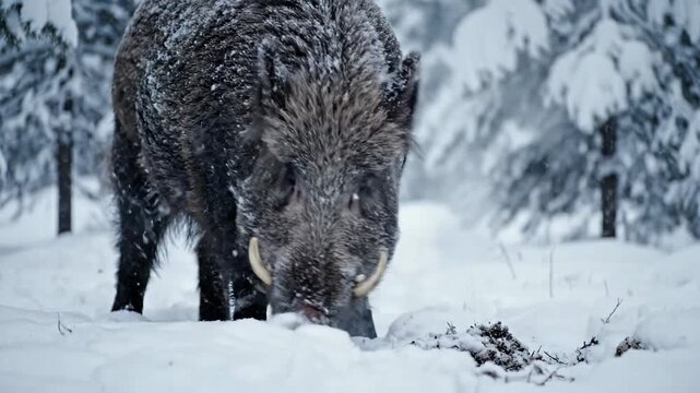 Wild boar in snowy forest landscape.