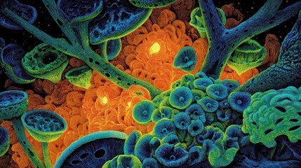 Abstract Render of Cellular Structures with Luminous Orange Centers and Blue Green Edges Against a Dark Background Featuring Intricate Patterns