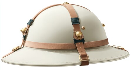 Vintage white pith helmet with leather straps and brass fittings for colonial or military use.
