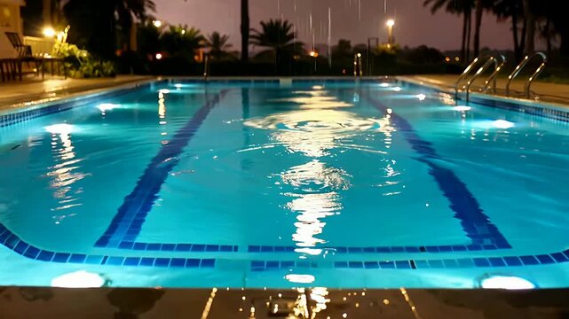 Nighttime swimming pool under blue lights and reflections.