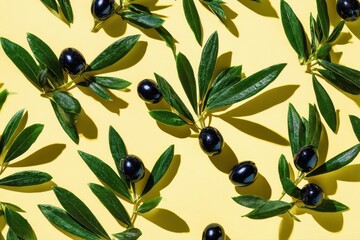 Black Olives and Green Leaves Pattern on Yellow Surface in Bright Sunlight
