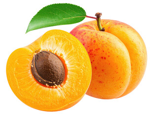 A sliced apricot with seed, whole fruit, and green leaf