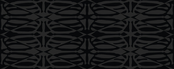 Ethnic ornamentation of stylized bones inscribed in a diamond. Tribal decoration for printing on fabric and wallpaper. Seamless black texture. Monochrome background. Vector illustration