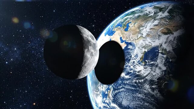 Celestial bodies earth moon and sun in space with light flare