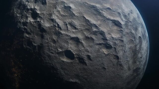 The moon-like surface of an unknown planetoid or asteroid, heavily scarred with impact craters, floating against the dark, infinite expanse of the cosmos